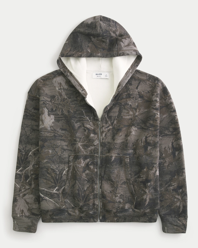 Boxy Waffle-Lined Zip-Up Hoodie