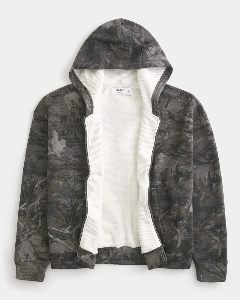 Boxy Waffle-Lined Zip-Up Hoodie