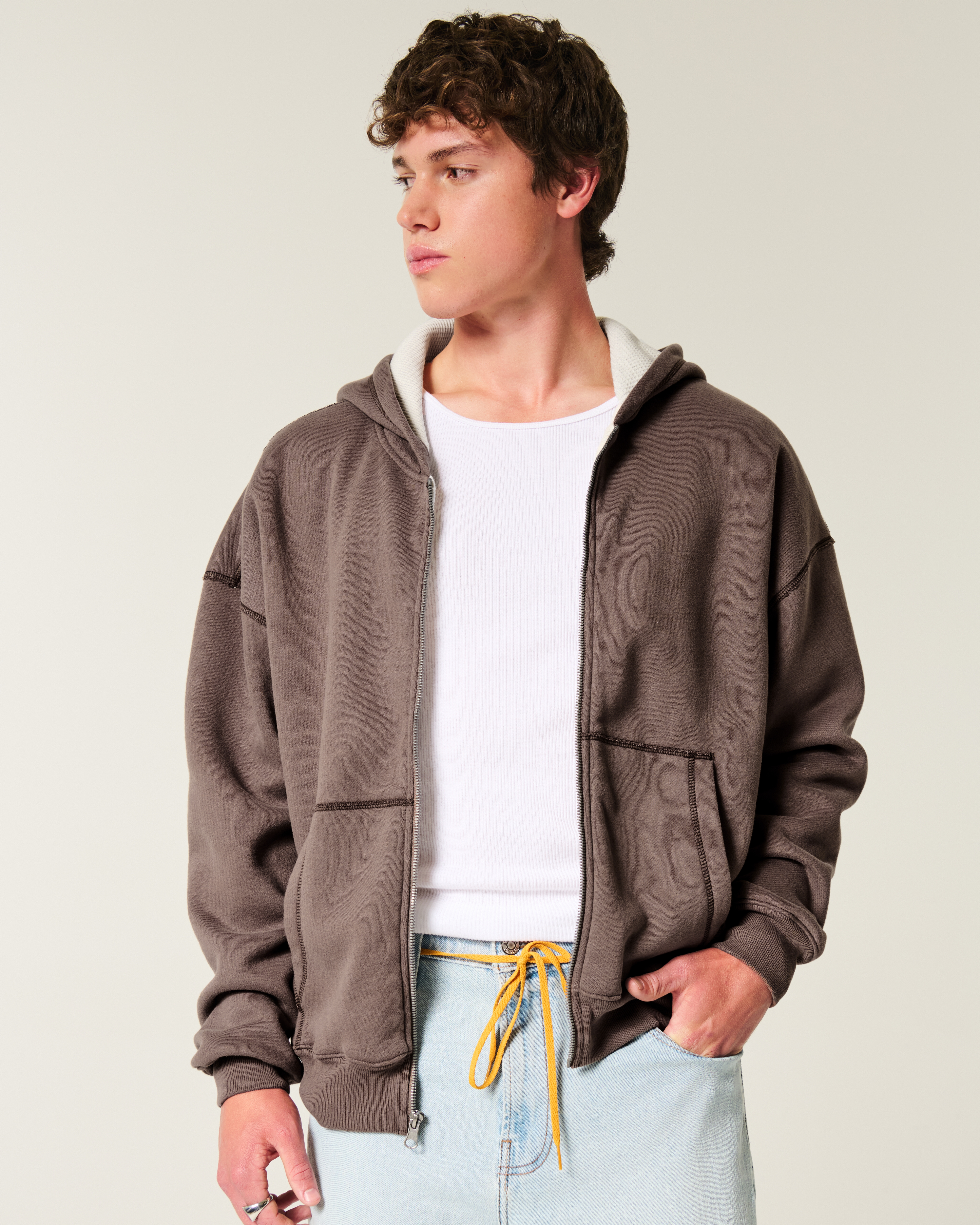 Boxy Waffle-Lined Zip-Up Hoodie