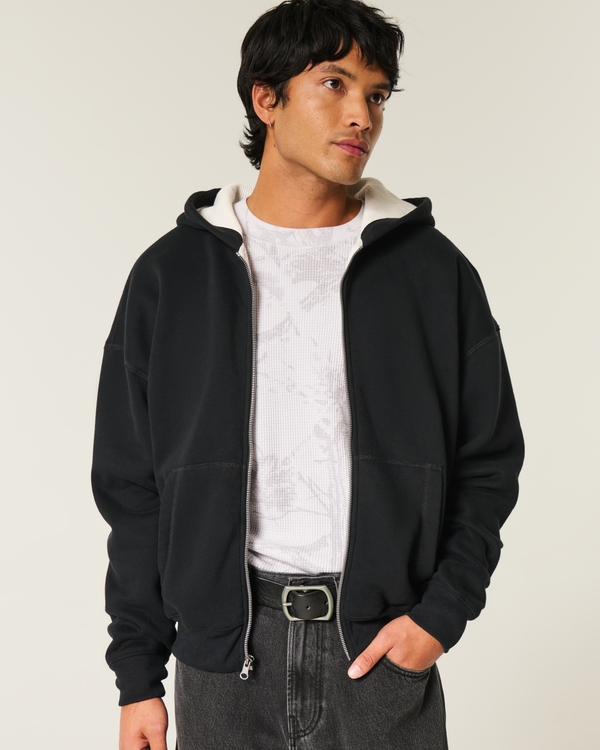 Boxy Waffle-Lined Zip-Up Hoodie, Black view 1