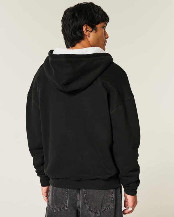 Boxy Waffle-Lined Zip-Up Hoodie, Black view 2