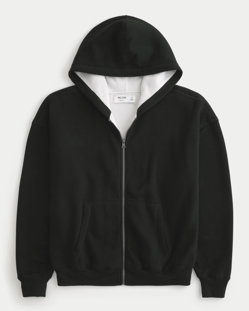 Boxy Waffle-Lined Zip-Up Hoodie
