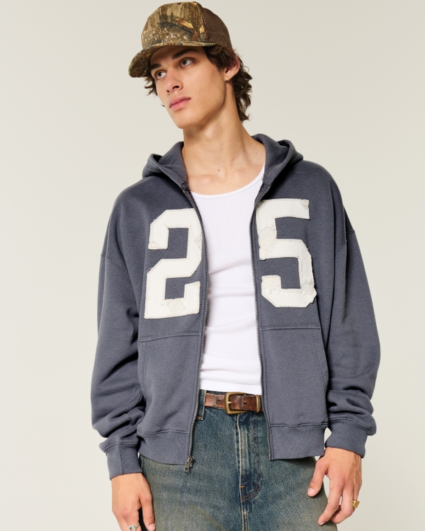 Boxy Number Graphic Zip-Up Hoodie, Dark Gray view 1