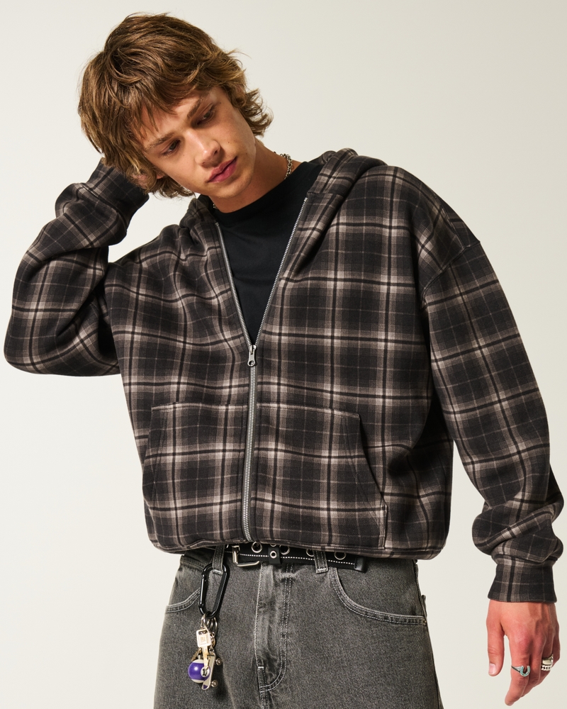 Boxy Plaid Zip-Up Hoodie