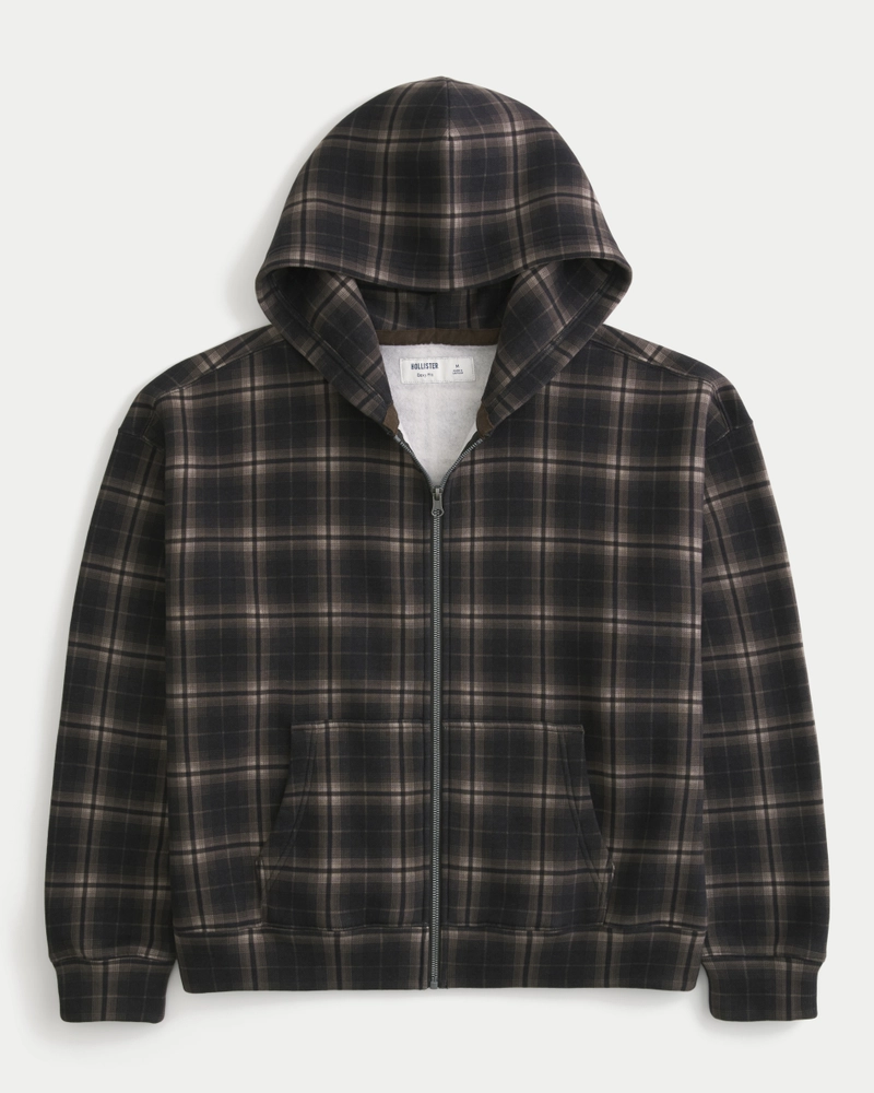Boxy Plaid Zip-Up Hoodie