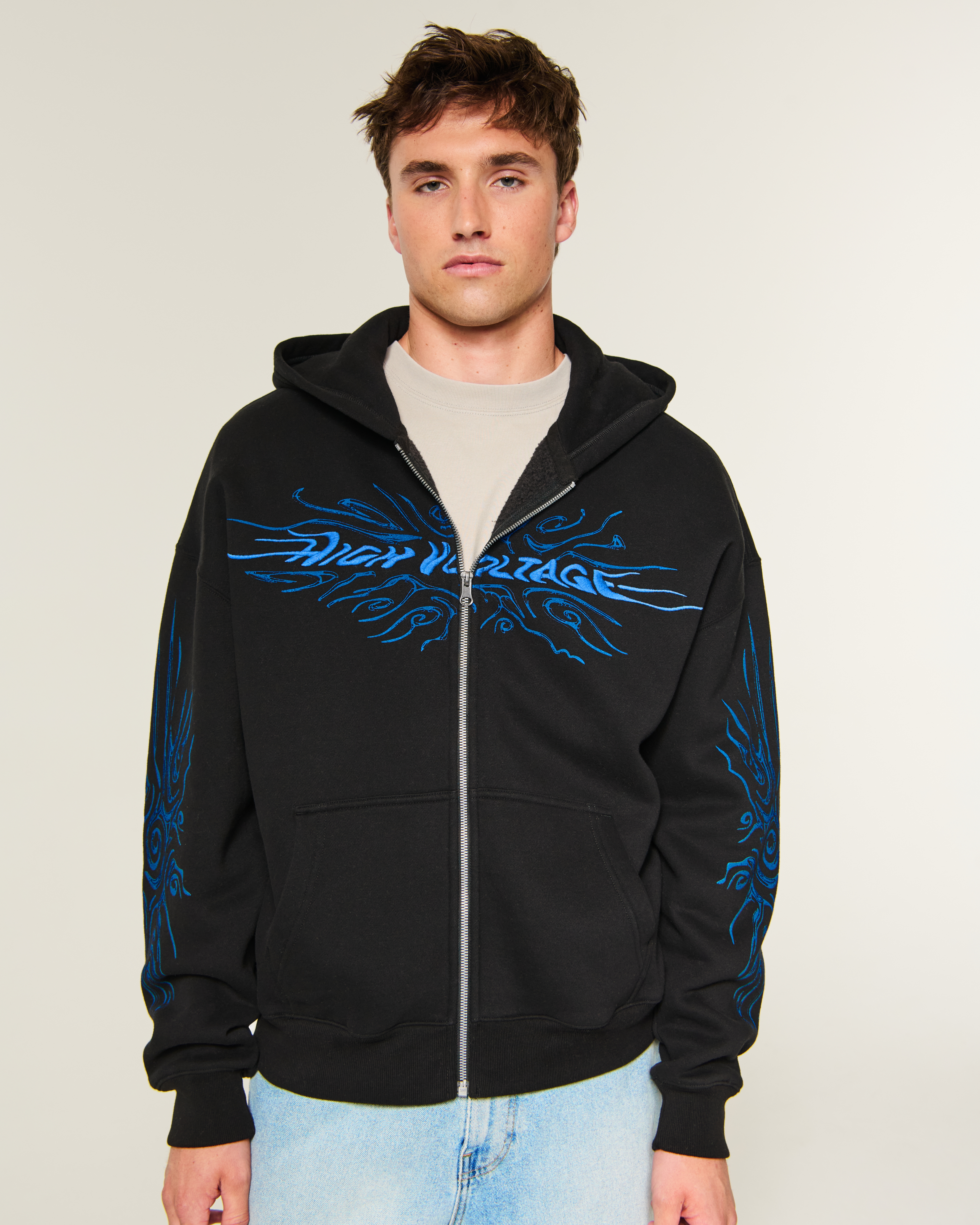 Boxy Zip-Up High Voltage Graphic Hoodie