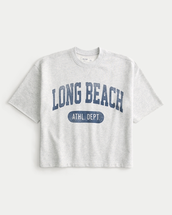 Boxy Short-Sleeve Long Beach Graphic Sweatshirt, Light Heather Gray view 1