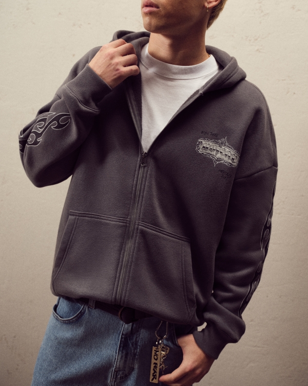 Boxy Zip-Up No Fear Graphic Hoodie, Dark Gray view 1