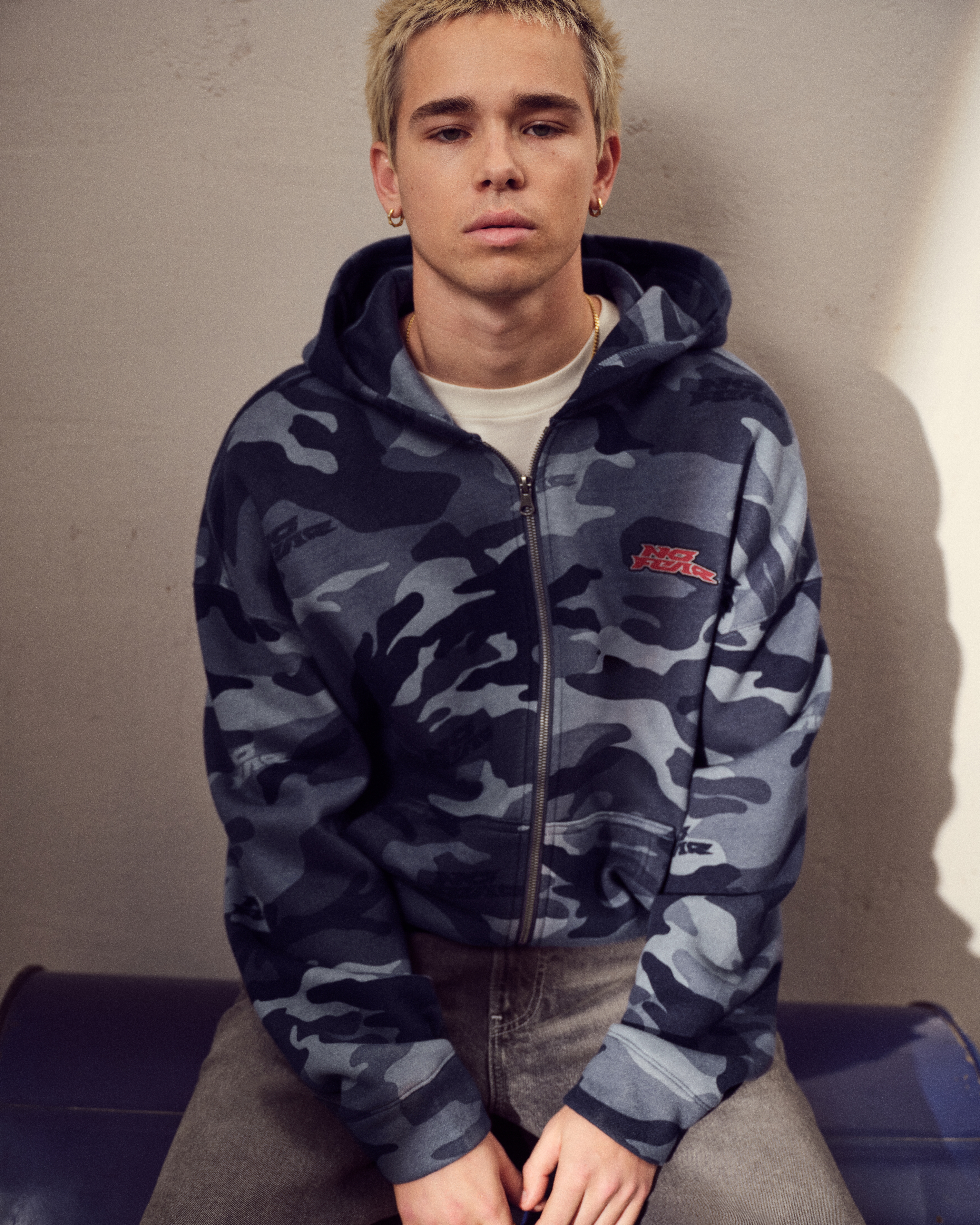 Boxy Zip-Up No Fear Graphic Camo Hoodie