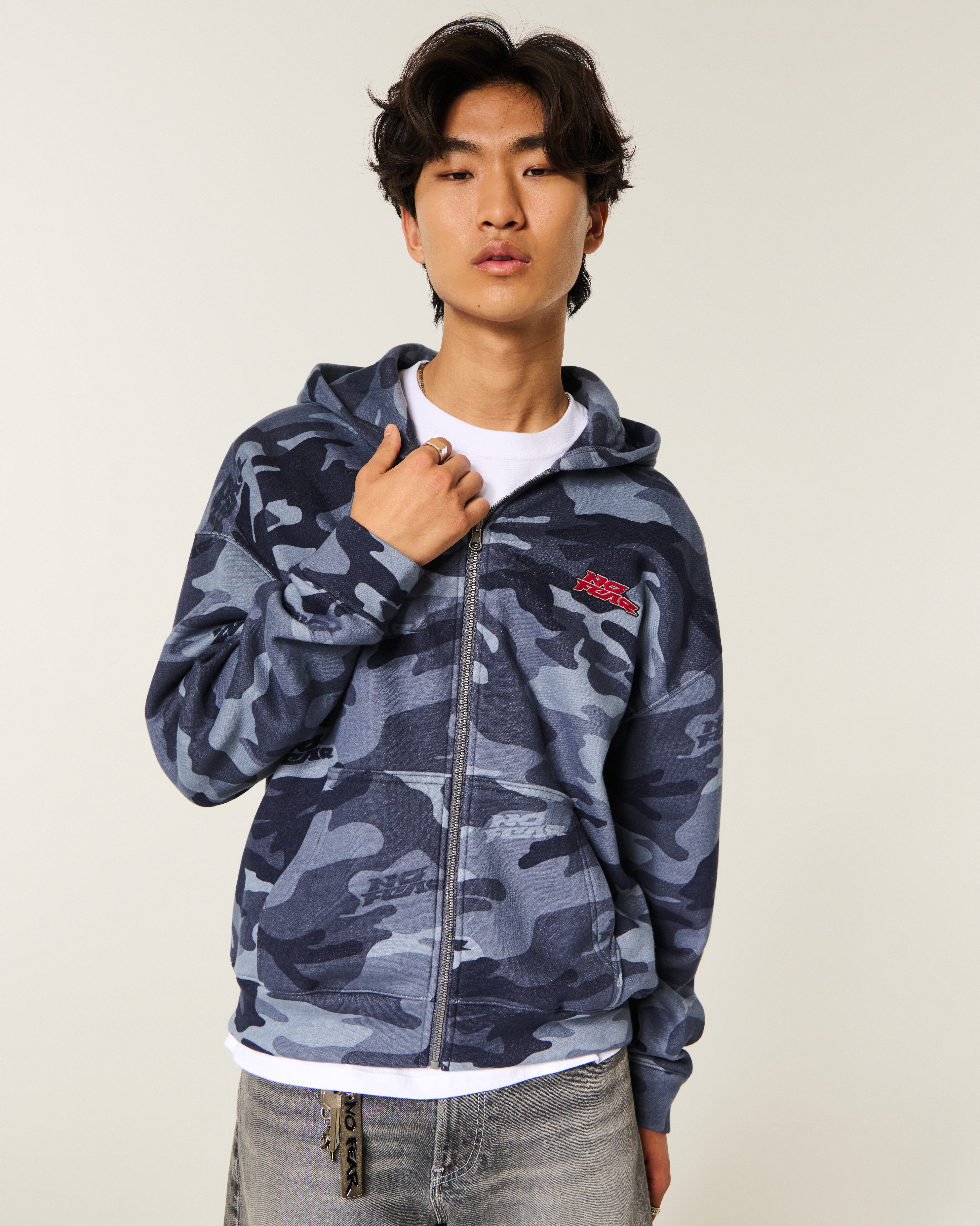 Boxy Zip-Up No Fear Graphic Camo Hoodie