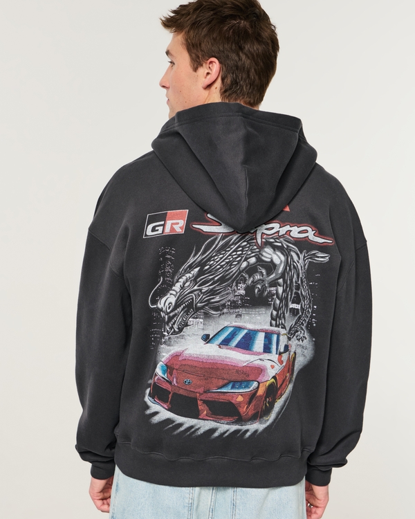 Boxy Zip-Up Toyota Supra Graphic Hoodie, Black view 1