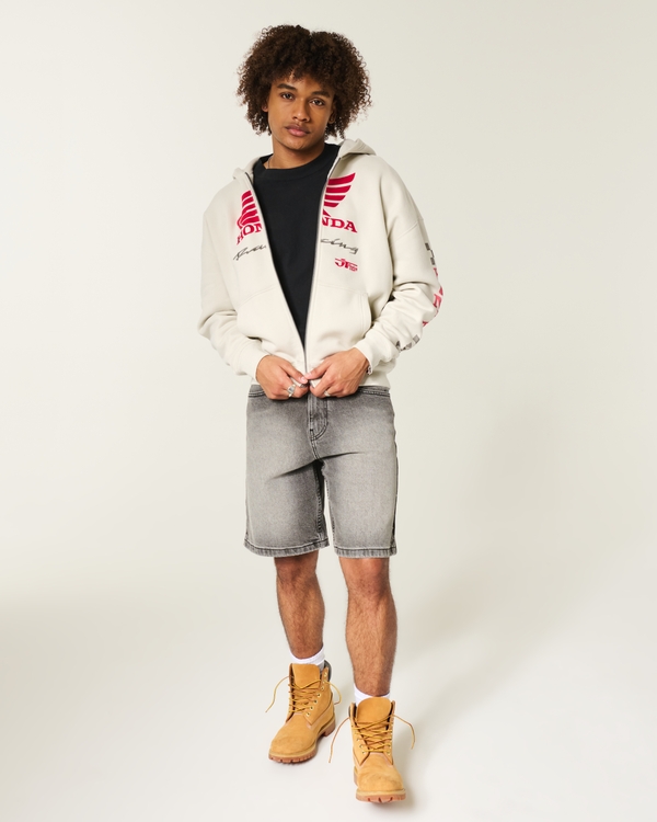 Boxy Zip-Up Honda Racing Graphic Hoodie, Light Gray view 2