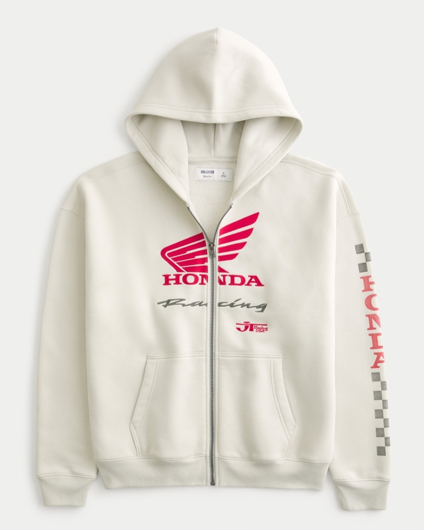 Sudadera con capucha de corte cuadrado con estampa de Honda Racing y cremallera, Gris Claro view 1