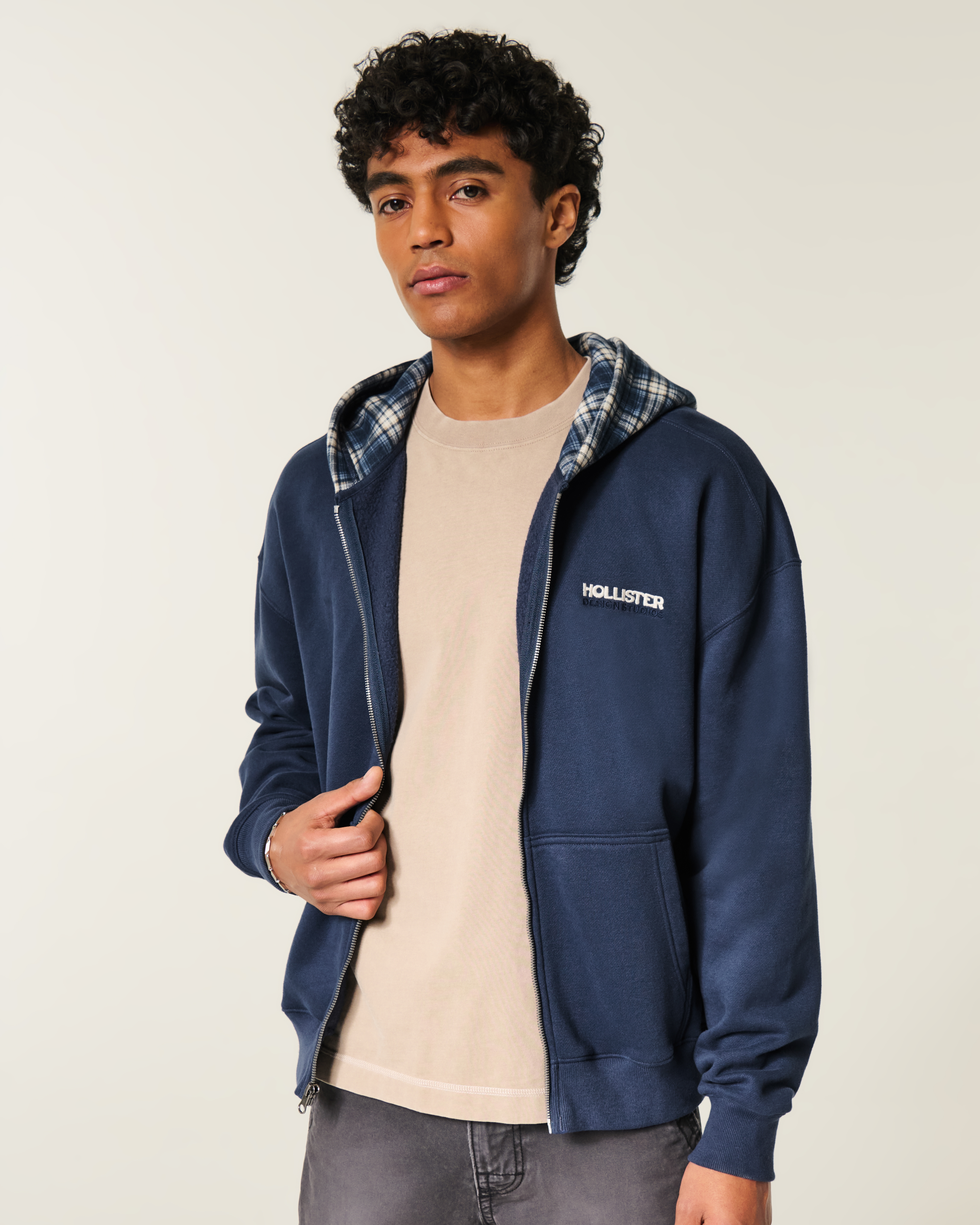 Boxy Zip-Up Plaid Hood Logo Hoodie