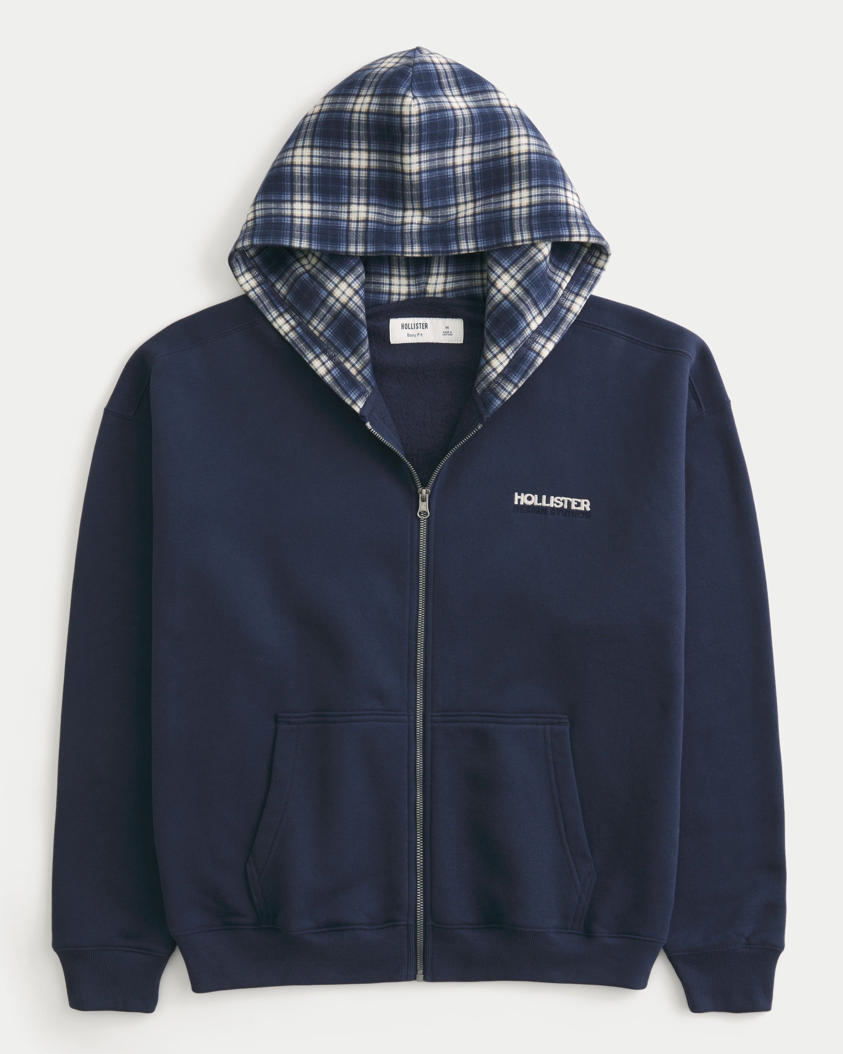 Boxy Zip-Up Plaid Hood Logo Hoodie