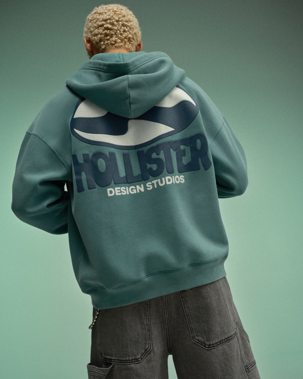 Boxy Zip-Up Logo Graphic Hoodie, Dark Teal view 1