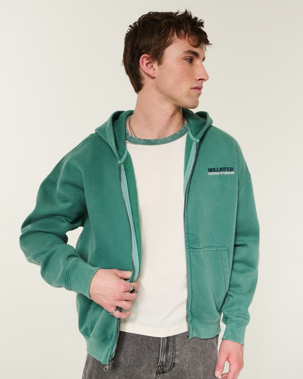 Boxy Zip-Up Logo Graphic Hoodie, Dark Teal view 2