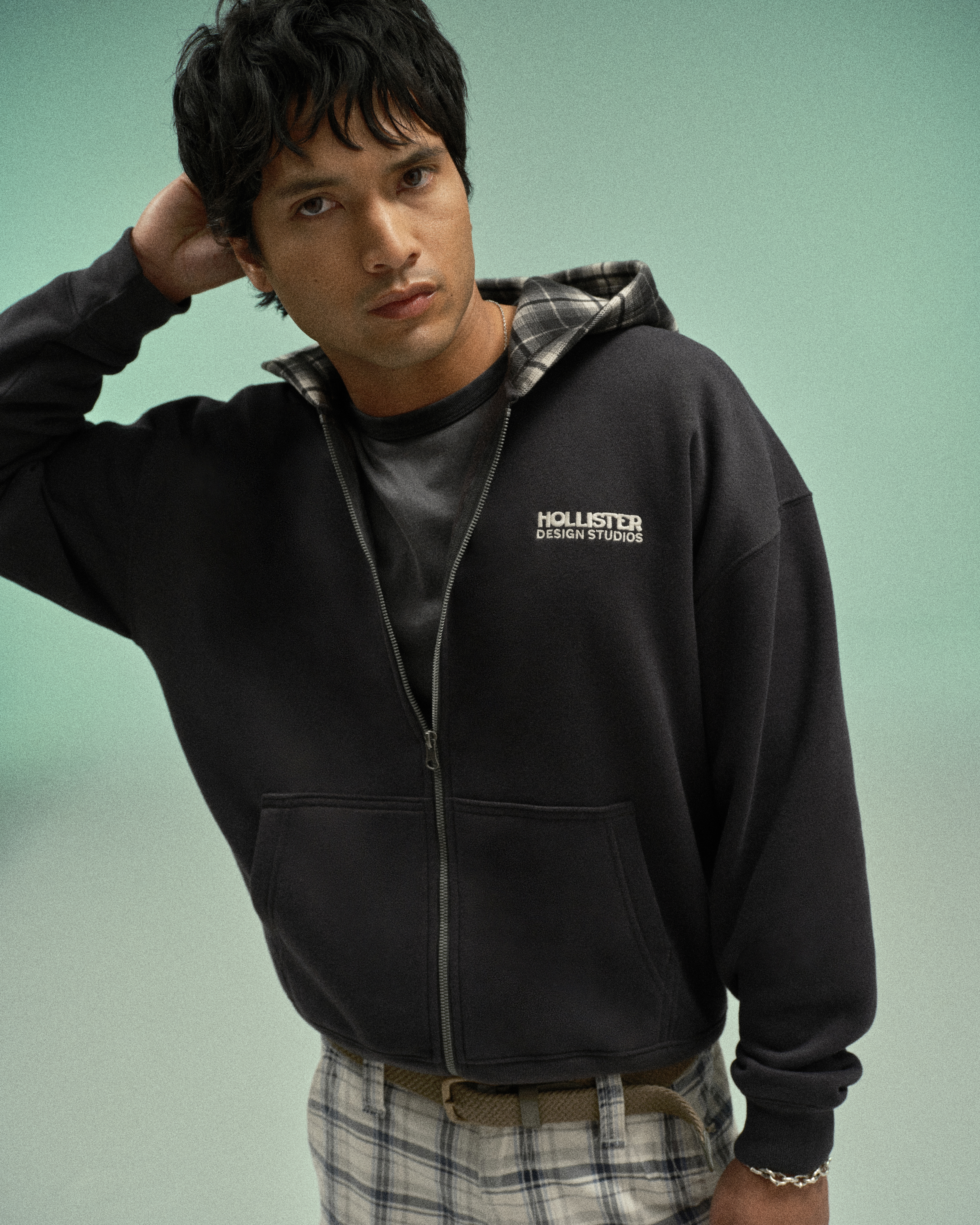 Boxy Zip-Up Plaid Hood Logo Hoodie