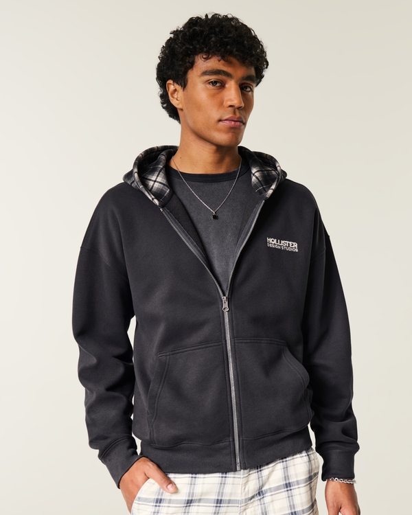 Boxy Zip-Up Plaid Hood Logo Hoodie, Black view 2