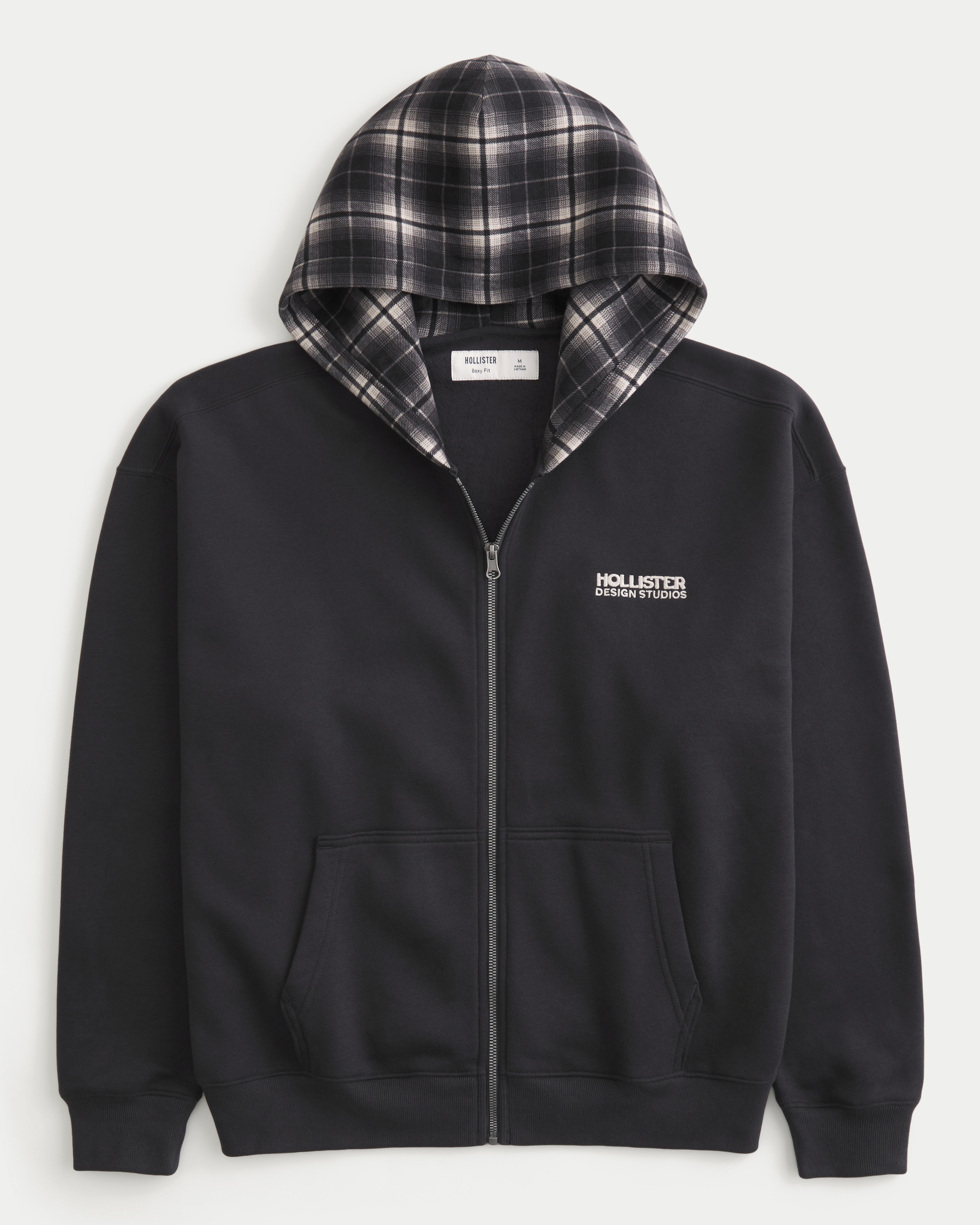 Boxy Zip-Up Plaid Hood Logo Hoodie