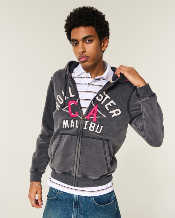 Washed Zip-Up Logo Graphic Hoodie, Black view 1
