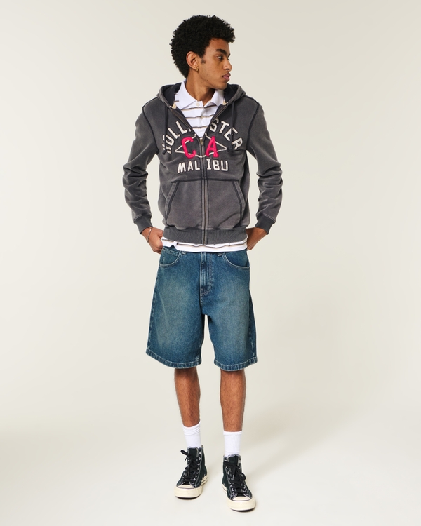 Washed Zip-Up Logo Graphic Hoodie, Black view 2