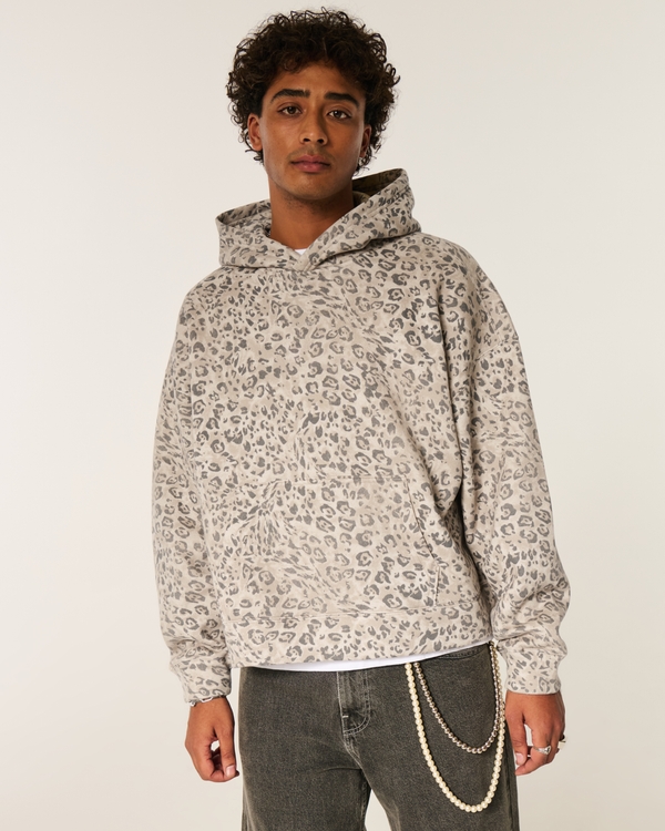 Super Boxy Leopard Print Hoodie, Tan Print view 1