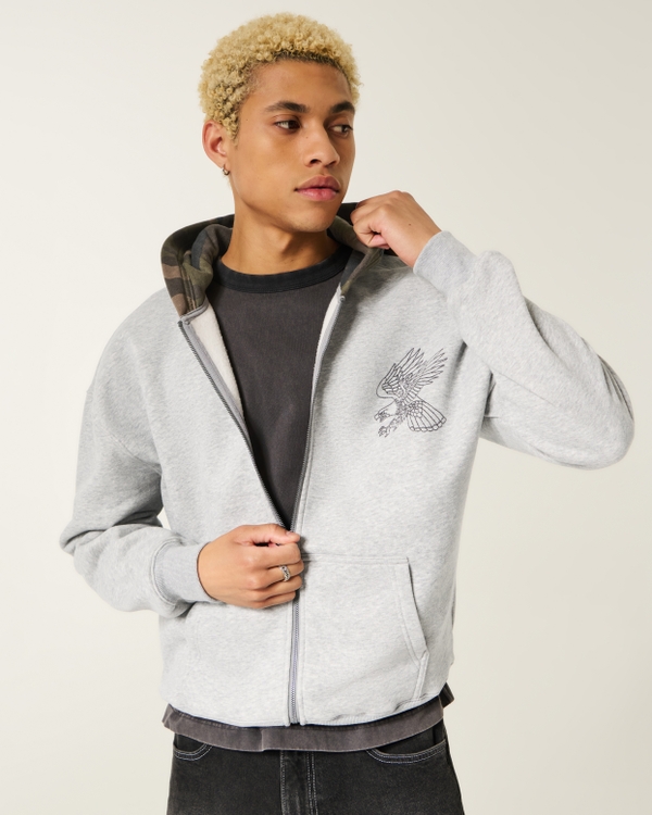 Boxy Zip-Up Eagle Graphic Hoodie, Heather Gray view 1