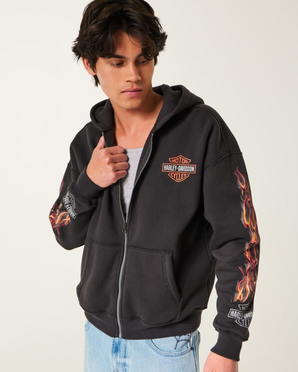 Boxy Zip-Up Harley-Davidson Graphic Hoodie, Black view 1