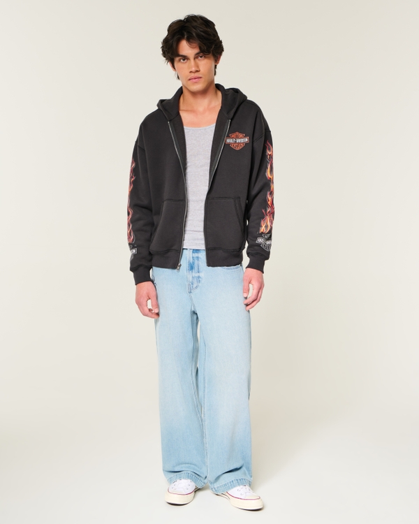 Boxy Zip-Up Harley-Davidson Graphic Hoodie, Black view 2