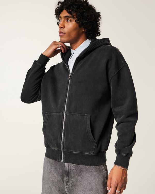Hollister Feel Good Boxy Zip-Up Hoodie, Washed Black view 1