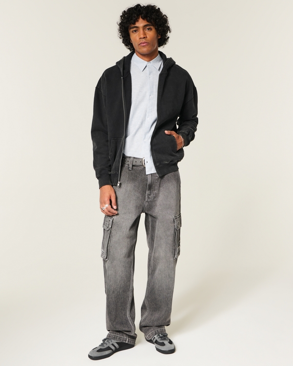 Hollister Feel Good Boxy Zip-Up Hoodie, Washed Black view 2