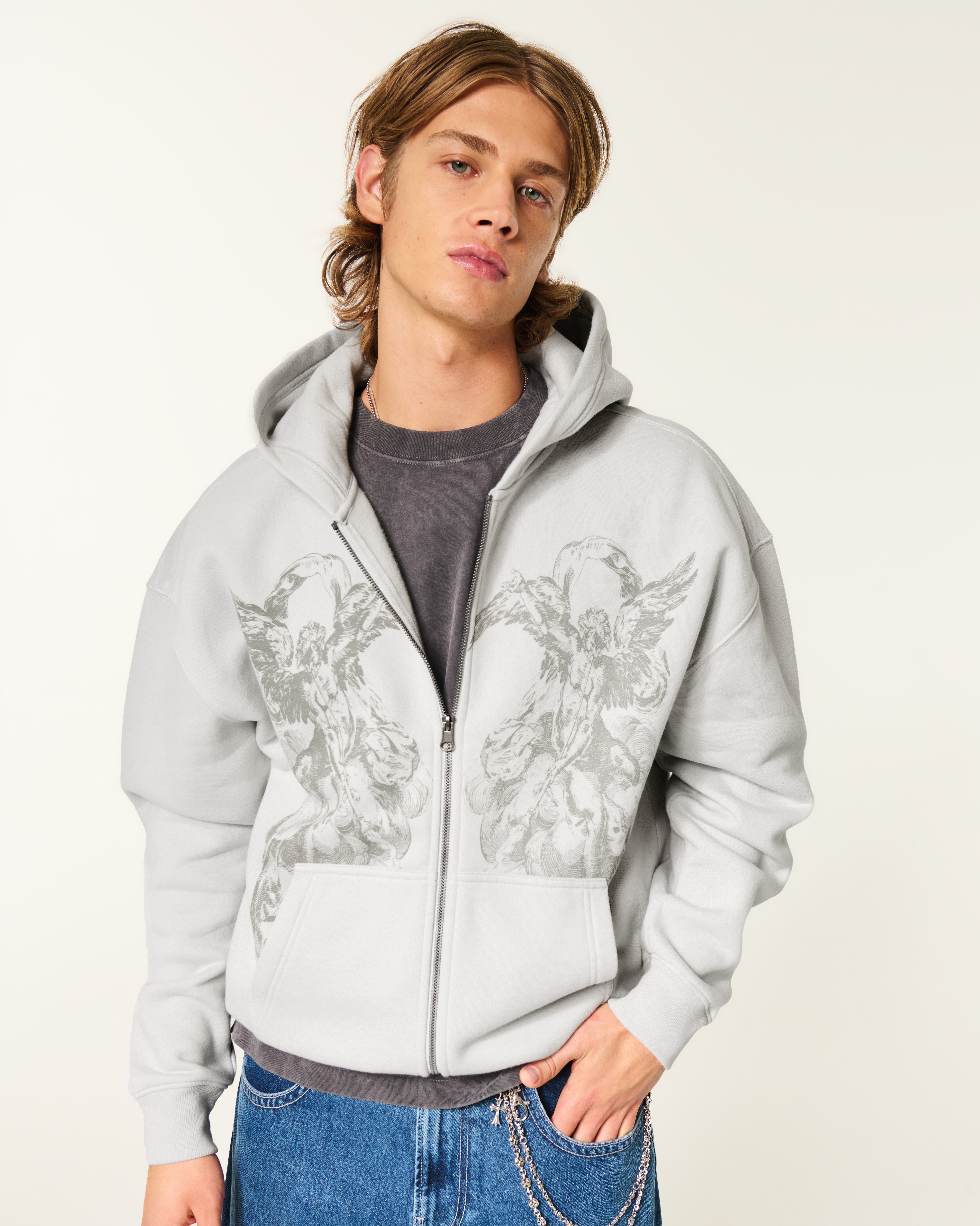 Boxy Zip-Up Angel Graphic Hoodie