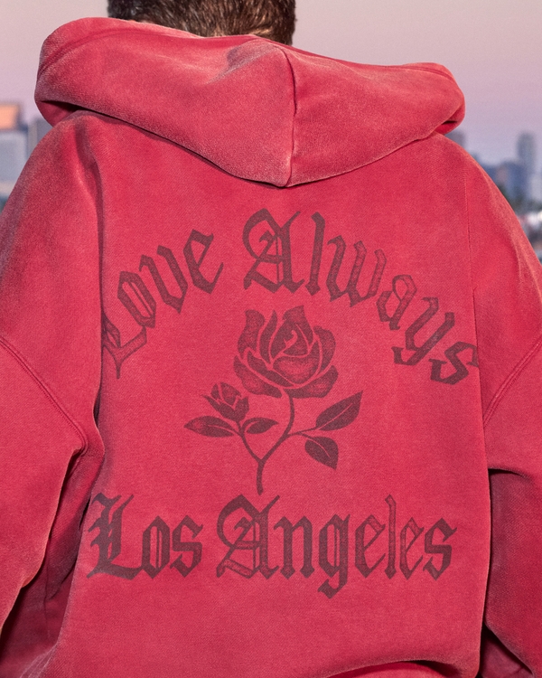 Boxy Zip-Up Los Angeles Graphic Hoodie, Deep Red view 1