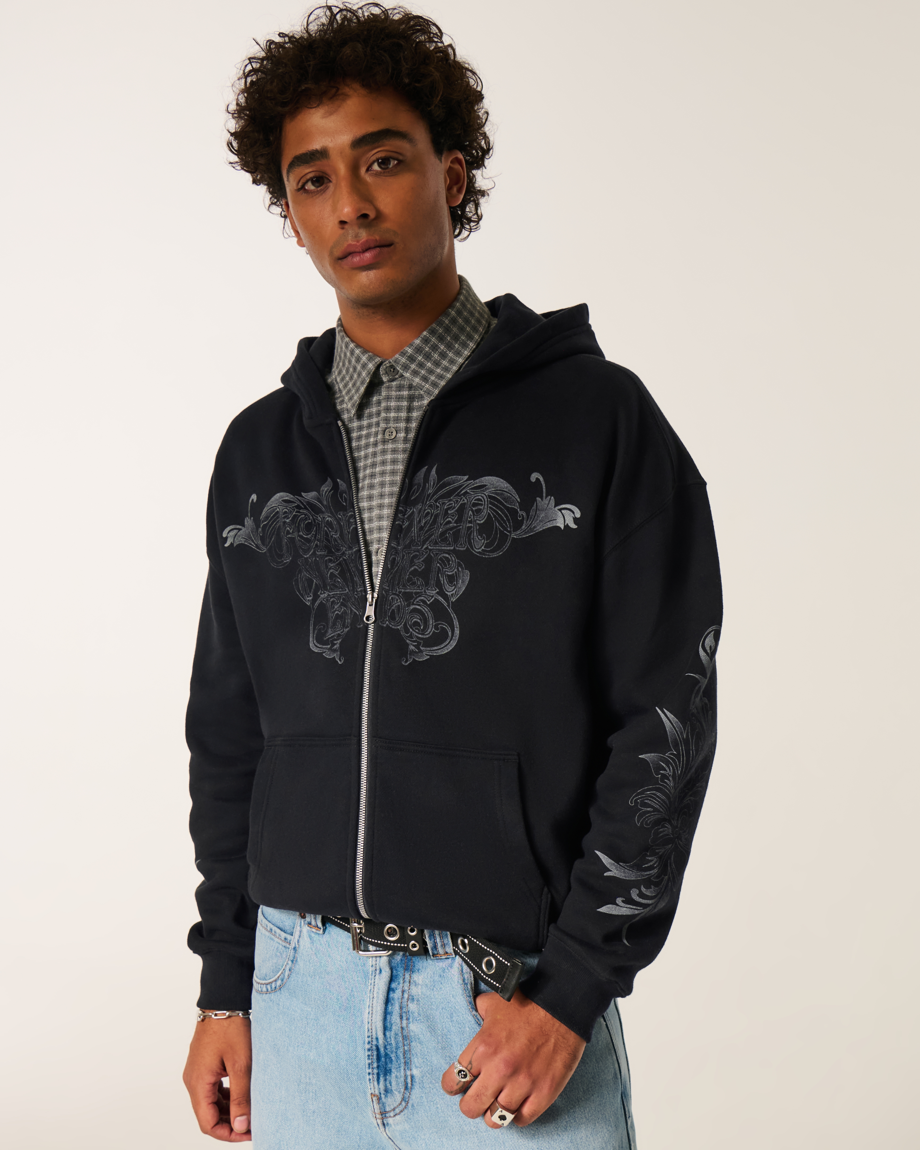 Boxy Zip-Up Forever Never Ends Graphic Hoodie