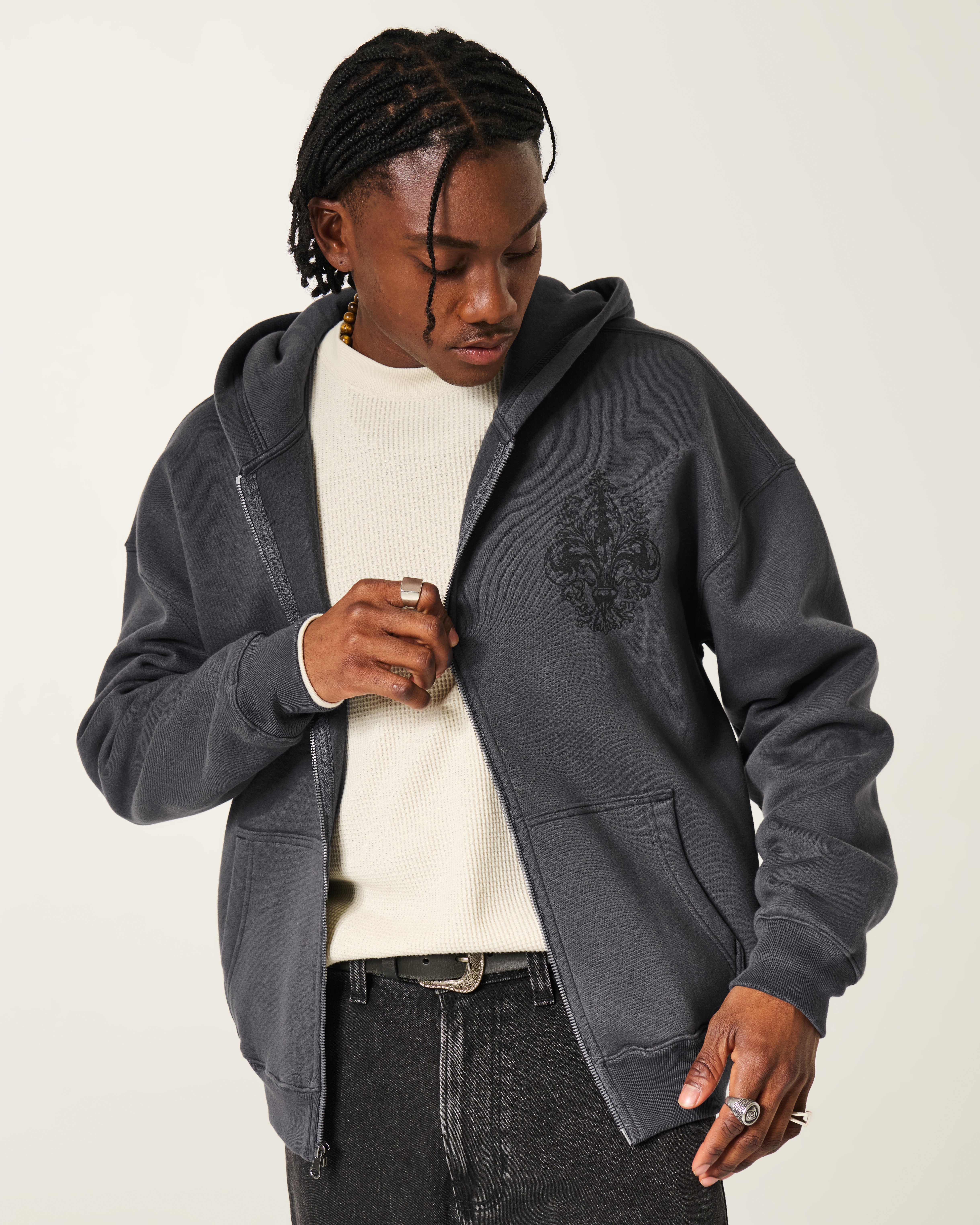 Boxy Zip-Up Angel Wings Graphic Hoodie