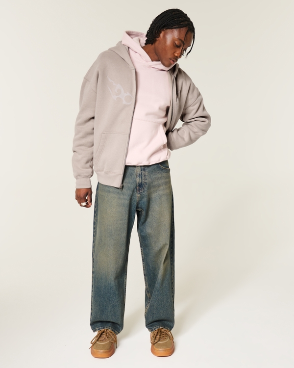 Boxy Graphic Zip-Up Hoodie, Taupe view 2