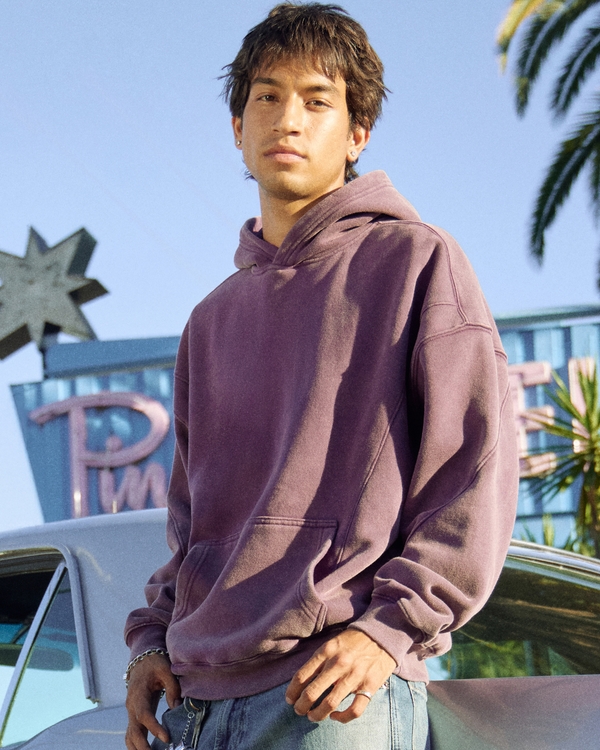 Boxy Seamed Hoodie, Washed Deep Purple view 1