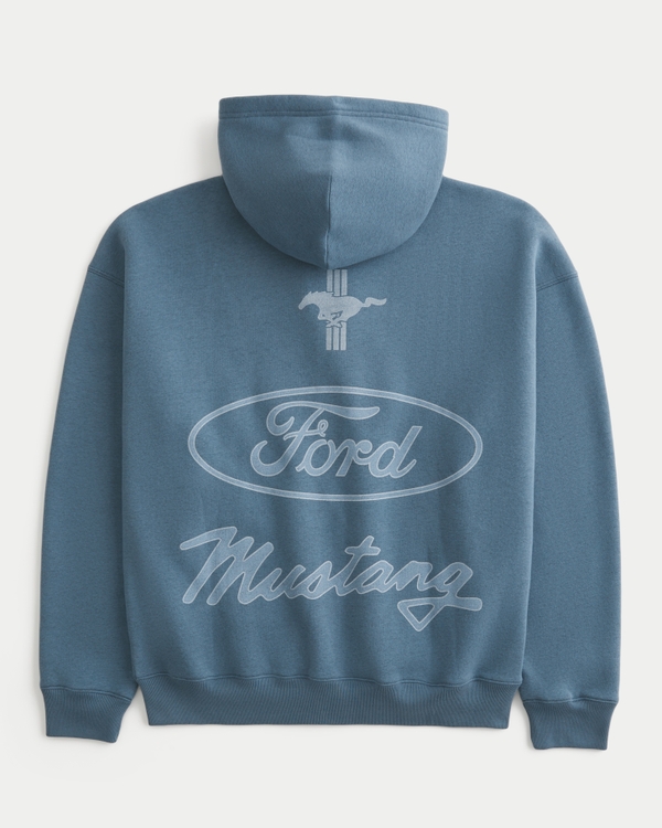 Boxy Zip-Up Ford Mustang Graphic Hoodie, Heather Gray Blue view 1