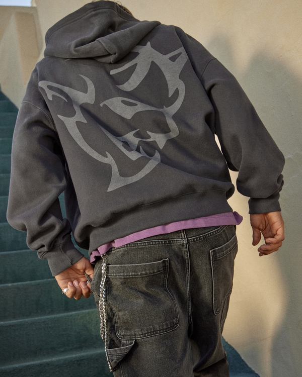 Boxy Zip-Up Dodge Demon Graphic Hoodie, Faded Black view 1