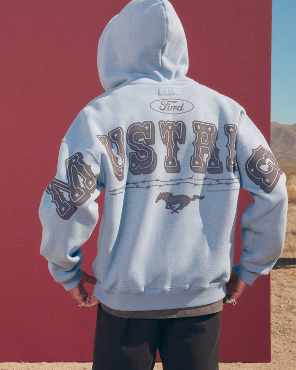 Boxy Zip-Up Ford Mustang Graphic Hoodie, Faded Navy view 1