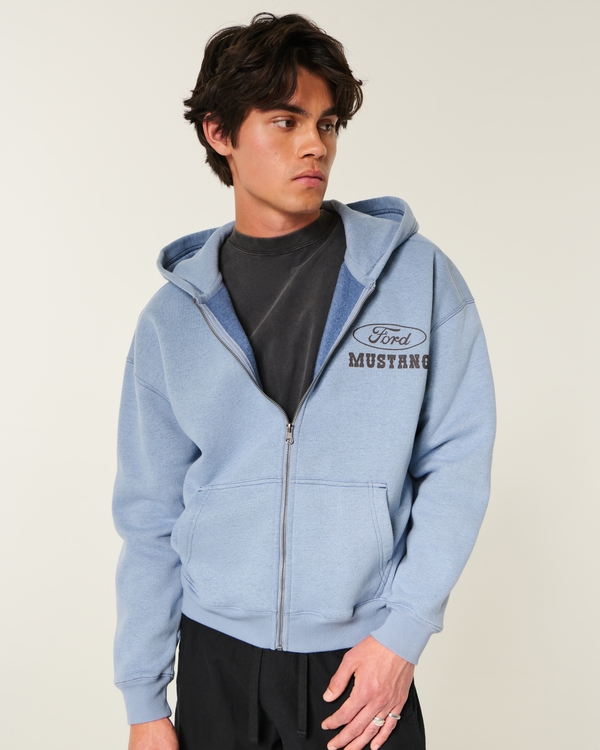 Boxy Zip-Up Ford Mustang Graphic Hoodie, Faded Navy view 2
