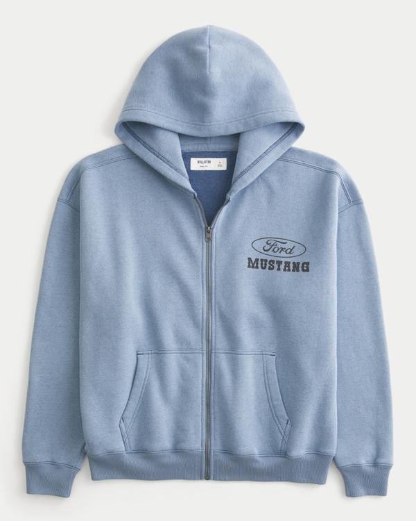Boxy Zip-Up Ford Mustang Graphic Hoodie, Faded Navy view 2
