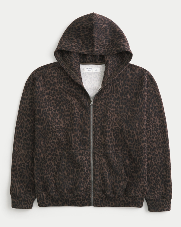 Kastiger Hoodie mit Leopardendruck und Reißverschluss, Brauner Druck view 1