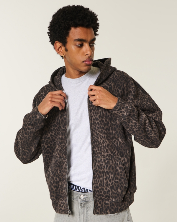 Boxy Zip-Up Leopard Print Hoodie, Dark Brown Print view 1