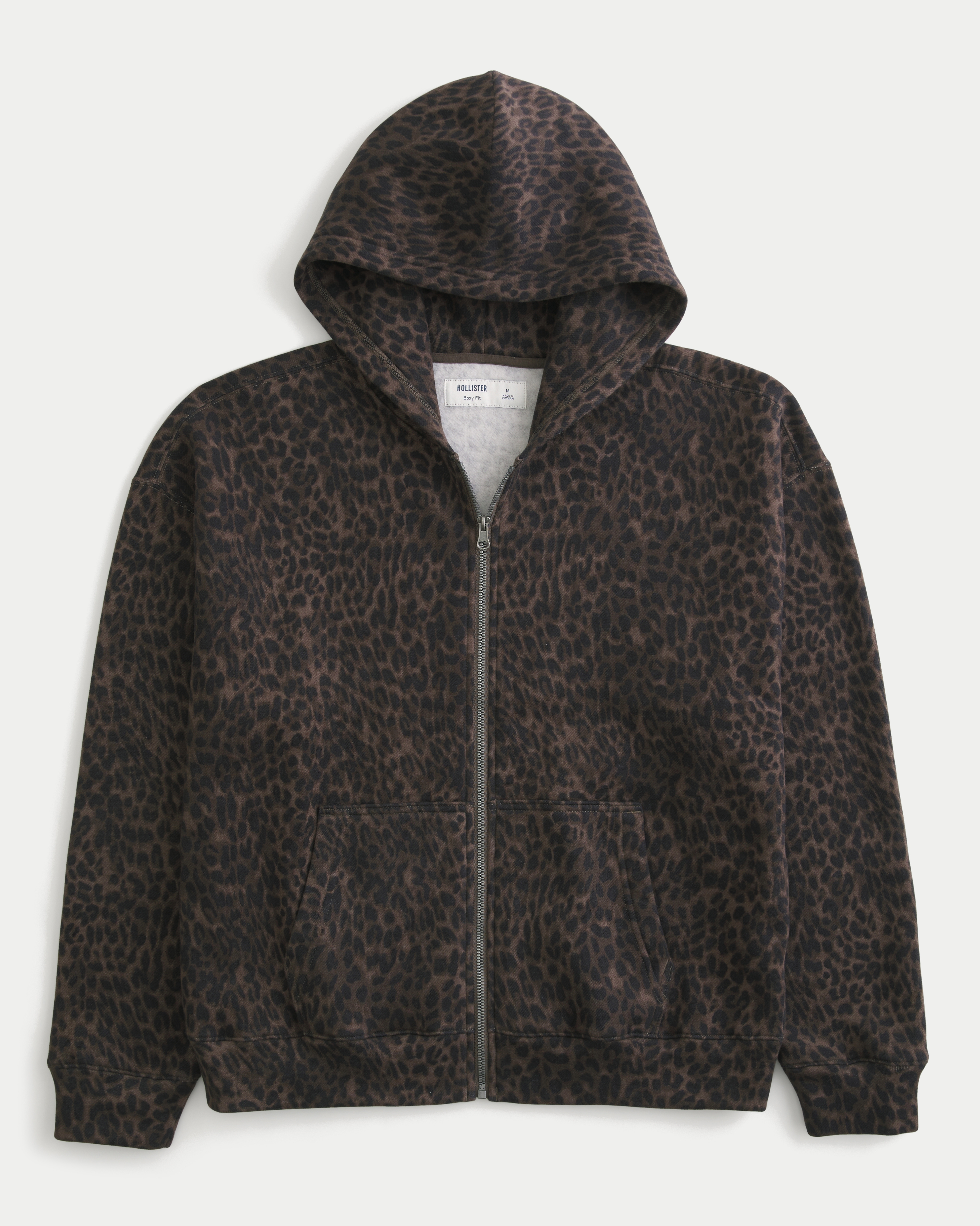 Boxy Zip-Up Leopard Print Hoodie
