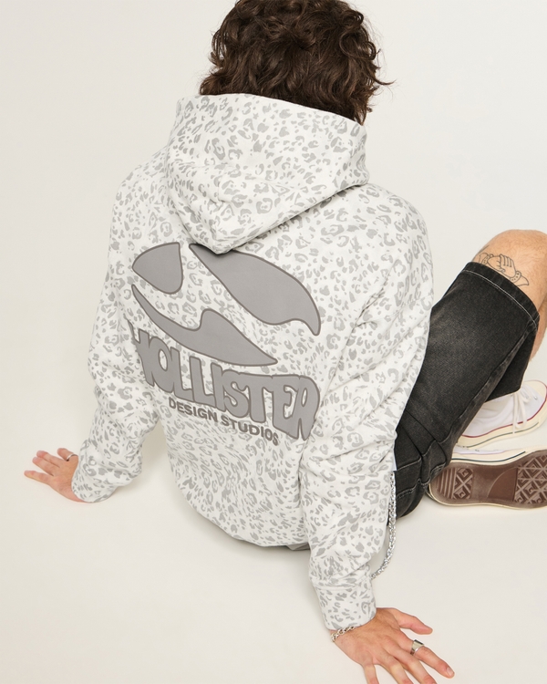 Boxy Leopard Print Logo Graphic Hoodie, Cream Print view 1