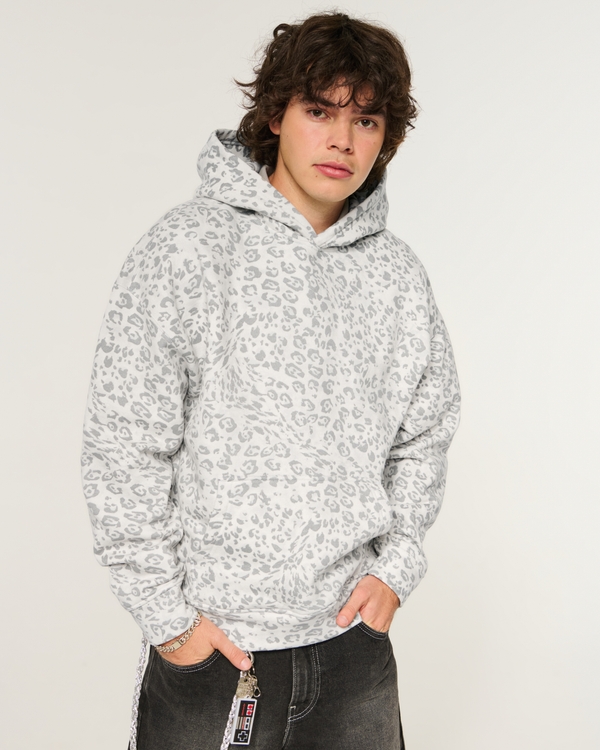 Boxy Leopard Print Logo Graphic Hoodie, Cream Print view 2
