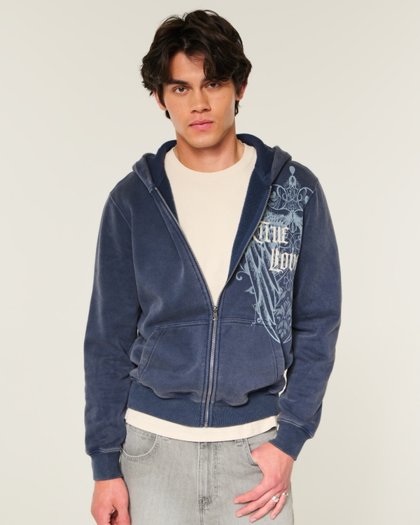 Zip-Up True Love Graphic Hoodie, Light Navy view 1