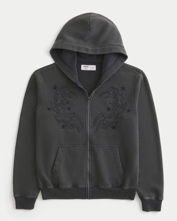 Embroidered Zip-Up Hoodie, Charcoal view 1